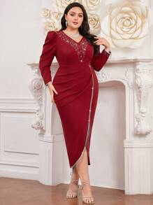 Modelyn Burgundy Red Plus Size Women's Puff Long Sleeve Dress With Rhinestones - Burgundy - View 4