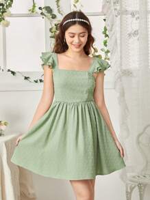 SHEIN Leap Crew Vestido de unicolor para adolescente con corte en la parte trasera y lazo desmontable, con escote cuadrado - Verde - Ver 3