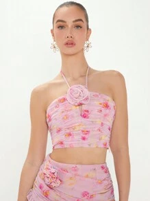 Enchnt Floral Printed 3d Flower Halter Top With Ruffle Detail - Pink - View 1