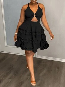 Slaydiva Vestido Elegante Con Tirantes Espagueti, Dobladillo Con Volantes Hueco De Color Sólido Para Vacacionar