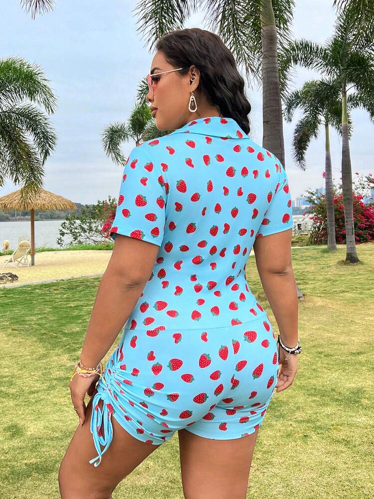 Plus Size Strawberry Printed Buttoned Half Placket Jumpsuit