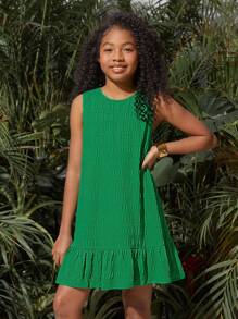 SHEIN SLAYR KIDS Tween Girls' Holiday & Leisure Spaghetti Strap Dress With Ruffle Trim And Solid Color, Spring & Summer - Green - View 5