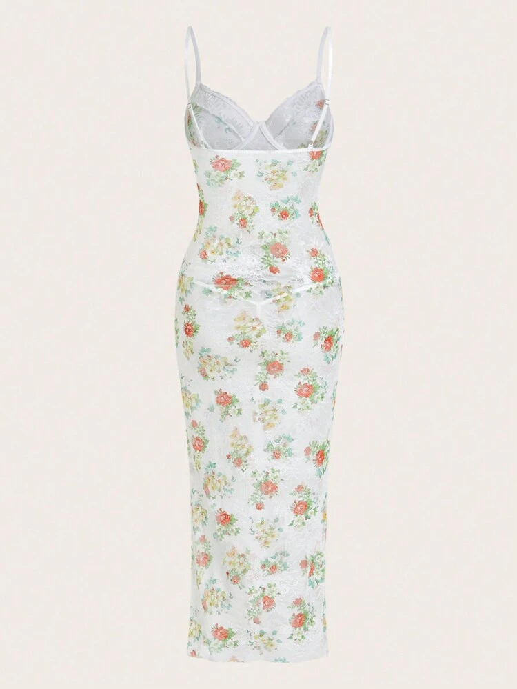 Women's Lace And Floral Printed Spaghetti Strap Sexy Lingerie Dress