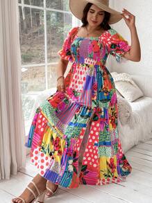 SHEIN SunnyBelle Plus Size Women's Boho Floral Print A-Line Dress With Square Neck, For Summer - Multicolor - View 1