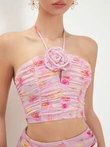 Enchnt Floral Printed 3d Flower Halter Top With Ruffle Detail - Pink - View 6