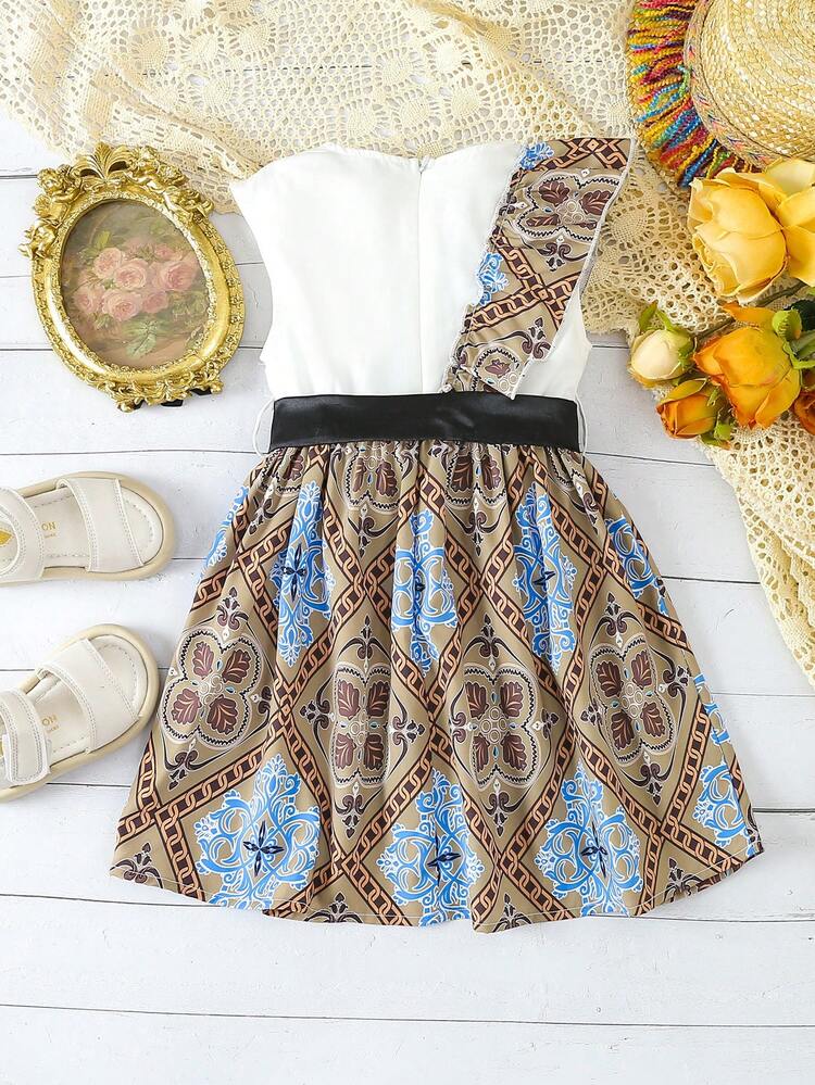 Young Girl's Style Floral Printed Patchwork Asymmetric Ruffled Sleeveless Dress With Belt For Summer