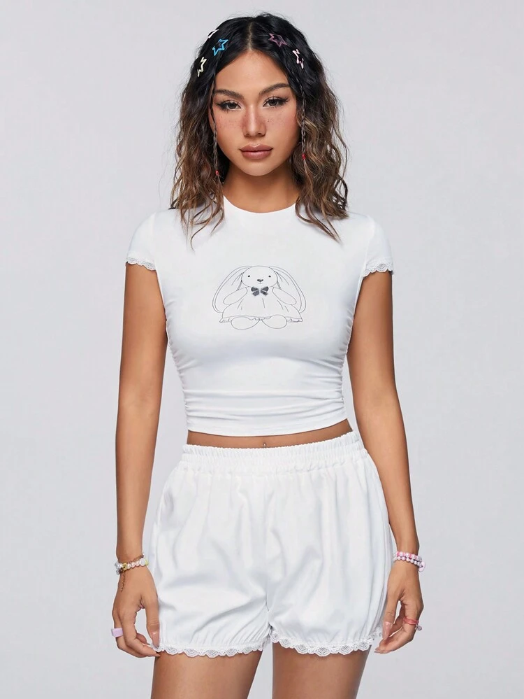 Ladies' Funny Rabbit Printed T-Shirt And Shorts 2pcs/Set