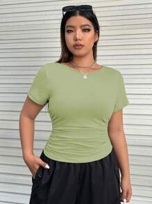 SHEIN EZwear Plus Size Solid Color Pleated Slim Fit T-Shirt
