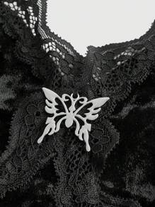 ROMWE Fairycore Velvet Contrast Lace Cami Top - Black - View 3