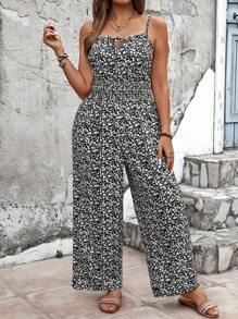 SHEIN Clasi Bộ đồ liền thân Boho ống rộng mùa hè cỡ lớn có thắt lưng in hoa dành cho nữ - màu đen - Xem 5