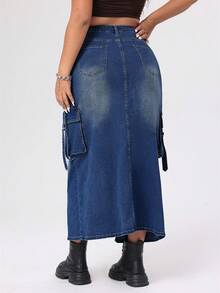 SHEIN ICON Kích thước lớn Của phụ nữ Váy Denim Với túi , Viền mép Và Trang phục làm việc Thiết kế - Rửa tối - Xem 2