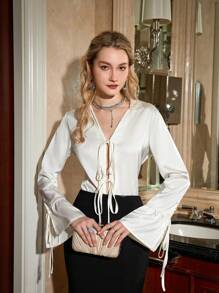 GENKIRA Women\ Shirt With Bow Tie And Textured Fabric - Apricot - View 3