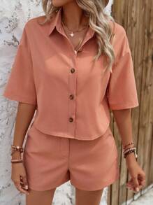 Chiquease Solid Drop Shoulder Shirt & Shorts - Redwood - View 6