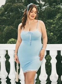 Dreamara Plus Size Lace Splicing Sleeveless Dress - Blue - View 2