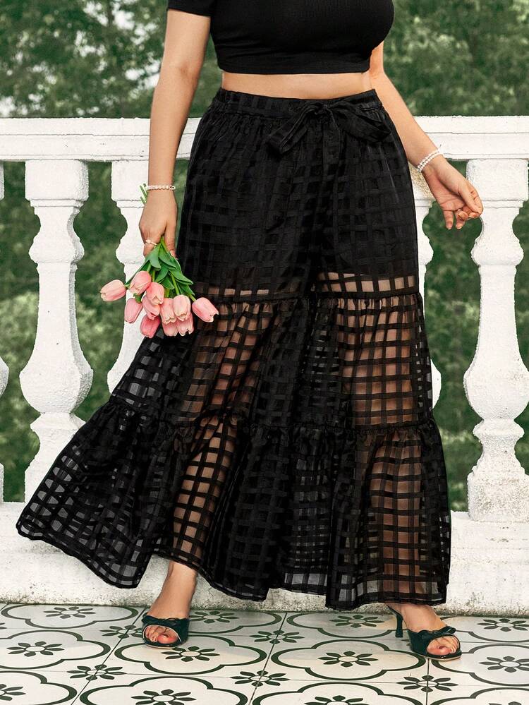 Plus Size Women's Black Checkered Jacquard Mesh Flare Pants With Ruffled Hem, Wide Leg Pants Country Concert Music Festival Black Boho Country Concert Wide Leg Pants Strap Romantic Leisure Resort Pants