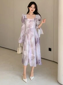 DAZY Abito con scollo a cuore e maniche a volant, effetto tie-dye, abito lungo con maniche lunghe per l'autunno - Viola chiaro - Visualizzare 6