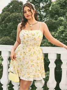 Dreamara Multicolor Romantic Chiffon Floral Print Plus Size Women's Holiday Spaghetti Strap Dress - Multicolor - View 3