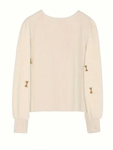 女士时尚纯色长袖纽扣领衬衫、长袖上衣 - 杏色 - 查看 2