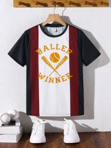 SHEIN Tween男孩寬鬆運動風彩色拼接棒球字母短袖T恤，圓領設計 - 彩色 - 查看 1