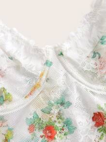 SHEIN Women's Lace And Floral Printed Spaghetti Strap Sexy Lingerie Dress - White - View 3