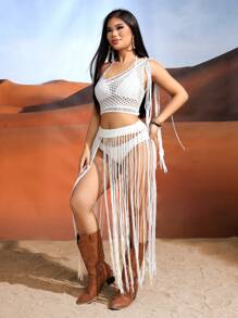 Swim EVENT 1 件女式流苏装饰短款单肩上衣和 1 件流苏下摆罩衫套装夏季 - 米色 - 查看 4