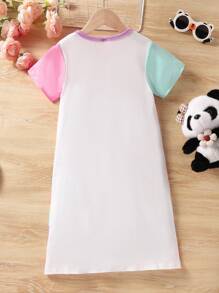 SHEIN Young Girl Simple Panda Pattern Printed Color Block Round Neck Short Sleeve Nightdress For Home
