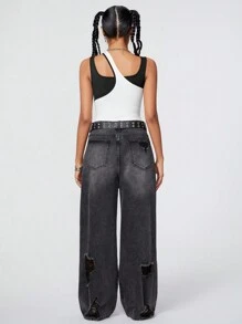 SHEIN Coolane 女士色塊拼接解構袖短連身衣 - 黑與白 - 查看 2