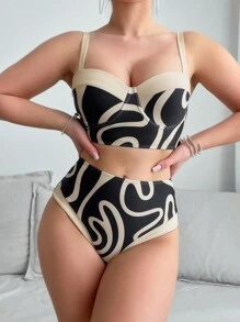 SHEIN Swim 女用條紋圖案印花比基尼套裝沙灘裝帶罩裙泳衣夏季 - 彩色 - 查看 7