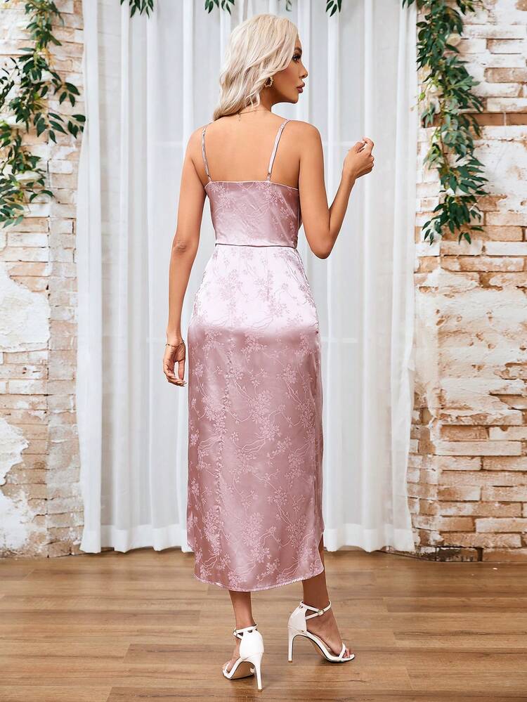 Women's Floral Jacquard Waist Tie Halterneck Midi Coral Wedding Women Dresses