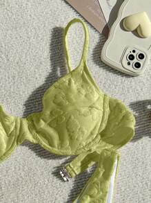 Swim Mod Leisure Style Women's Floral Flocked Bikini Set, Bikini Set Outfit Beach Swimwear Bathing Suit Summer,Summer Beach - Olive Green - View 3