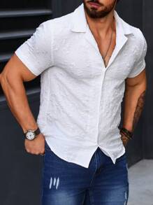 Manfinity Homme Áo sơ mi nam ngắn tay đơn có khuy Jacquard, kiểu dáng ôm vừa vặn toàn màu trắng cho chồng thường ngày - trắng - Xem 4