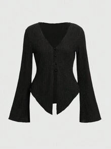 ROMWE Hippie Textured Button Front Top - Black - View 1