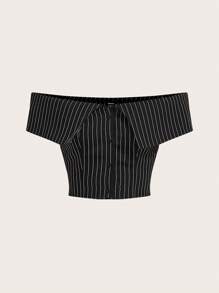 SHEIN ICON 女性條紋單肩出門斜肩翻領短上衣 - 黑與白 - 查看 2