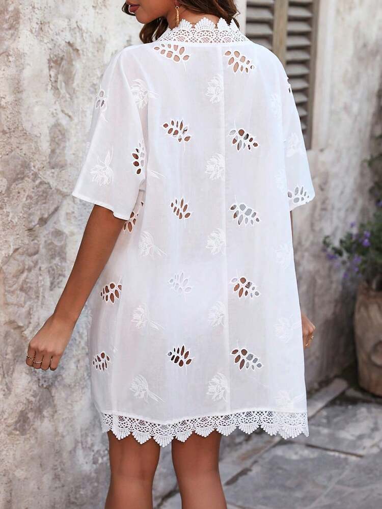 1pc Lady's Lace Trimmed Eyelet Embroidery Blouse