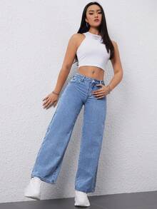 SHEIN EZwear 斜口袋寬鬆直筒牛仔褲,適合休閒穿著 - 淺色水洗藍 - 查看 5