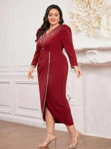 Modelyn Burgundy Red Plus Size Women's Puff Long Sleeve Dress With Rhinestones - Burgundy - View 5