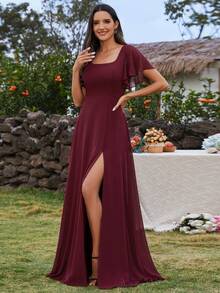 EVERPRETTY Elegant Ruffled Sleeve Backless Tied High Slit Bridesmaid Dress - Burgundy - View 5