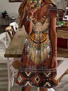 西方復古風格貓頭鷹和幾何圖案v領連衣裙 - 彩色 - 查看 1