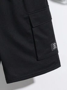 SHEIN Tween Boy 宽松休闲二合一字母印花短袖 T 恤和短裤套装 - 黑色 - 查看 7