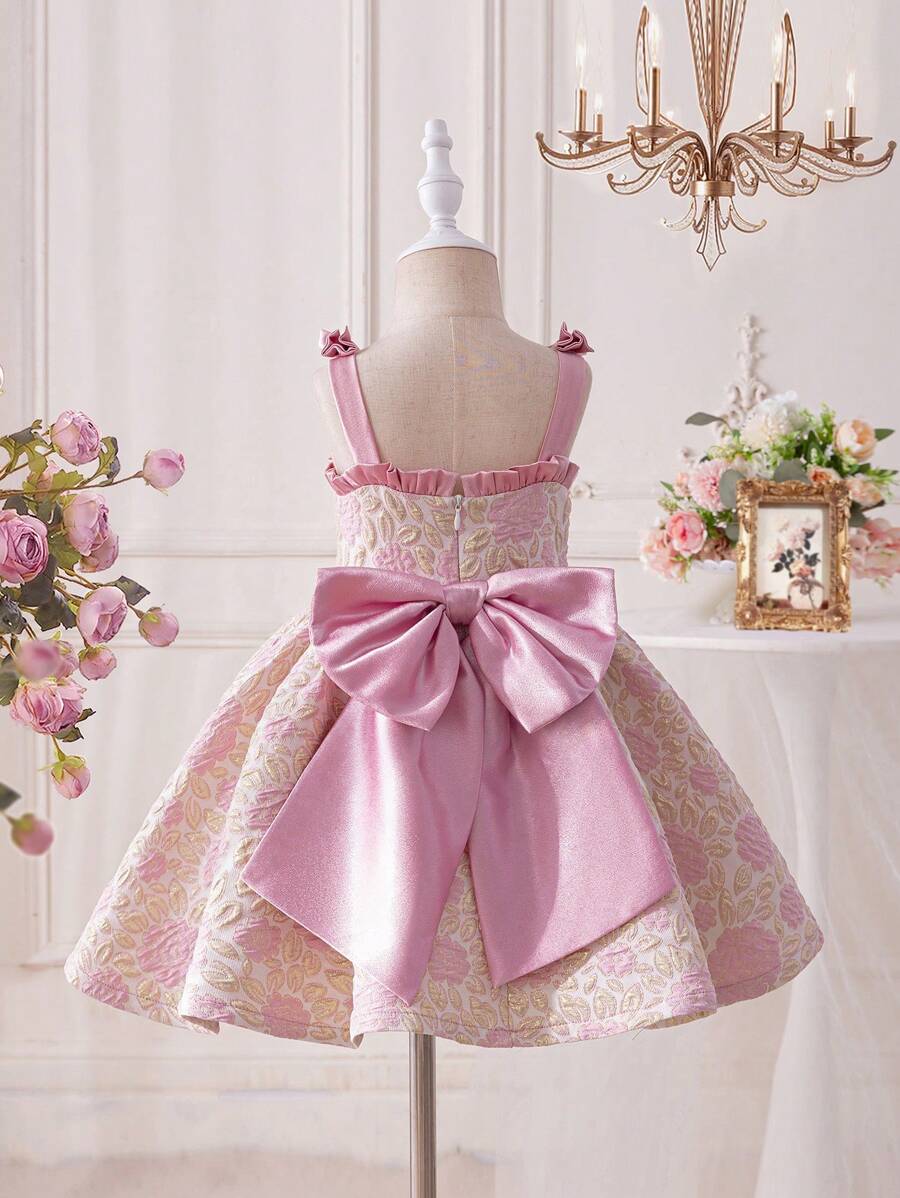 SHEIN Young Girl Dreamy Princess Style Jacquard Weave Dress Adorned With Bow-Knot Shoulder Straps - Multicolor - View 1