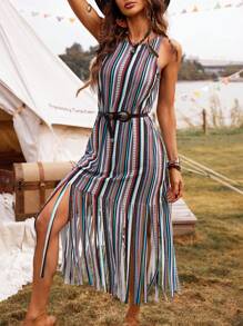SHEIN BohoFeels Women's Bohemian Style Fringed Decorated Dress (Random Print)