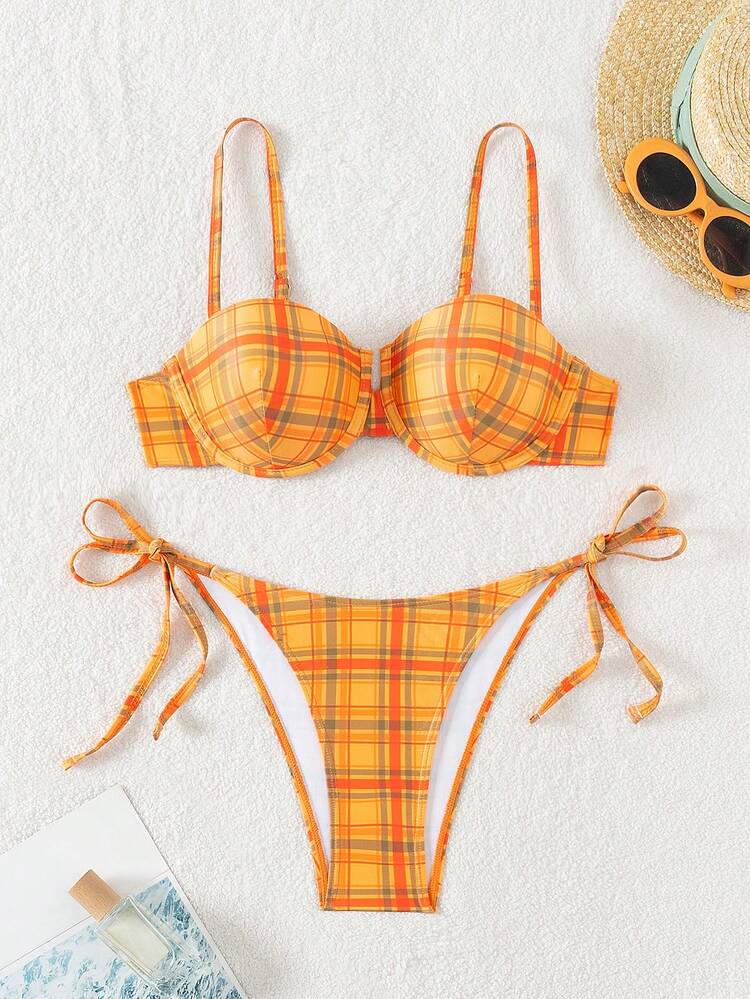 Ladies' Plaid Print Summer Beach Bikini Set Bathing Suit