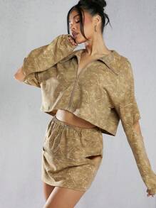 SHEIN Unity 女款鏤空長袖前拉鍊外套與迷你裙套裝