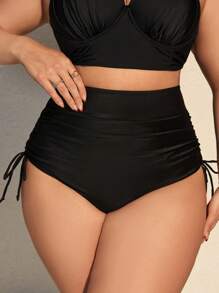Swim Lushoire 大尺碼夏季海灘純色褶皺側邊束口泳衣下著 - 黑色 - 查看 2