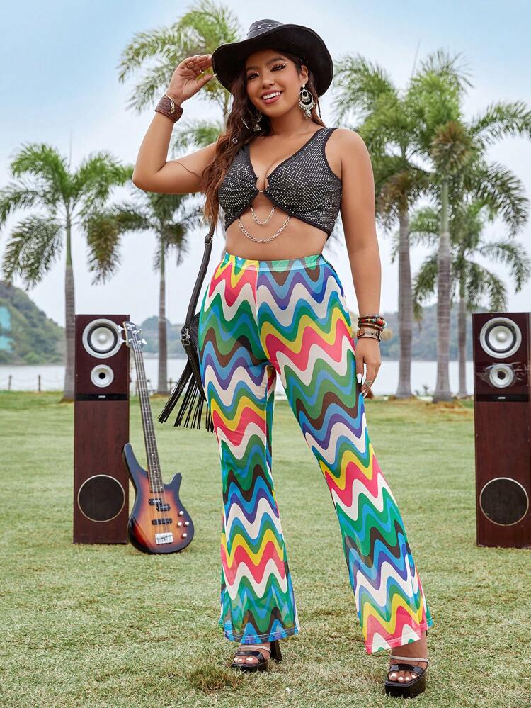 Plus Size Wave Striped Print Flare Leg Pants Fall Cloth For Women