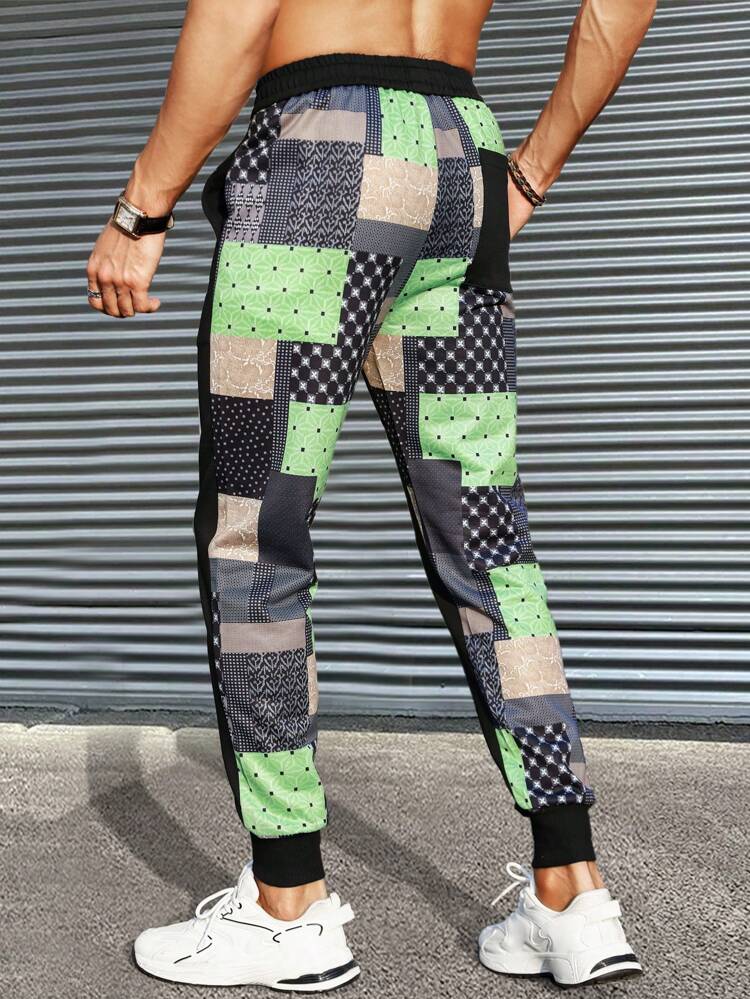 Men's Patchwork Printed Drawstring Casual Sweatpants