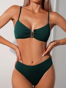 SHEIN Swim Ensemble Bikini Col En V Tricoté Côtelé Avec Détail Découpé, Festival De Musique - Vert sapin - Voir 7