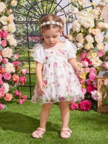 Baby Girl Elegant Floral Mesh Bubble Sleeve Princess Style Dress