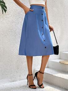 SHEIN Essnce Của phụ nữ Nút đơn Khép kín Váy Với Túi - Màu xanh lam - Xem 6