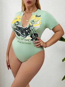 Flirla Plus Size Women's Summer Slogan Motorcycle Printed Short Sleeves Bodysuit